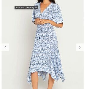 BEACHGOLD Dress Womens Size XS Blue Resort Cruise Beach V-Neck Midi Tassels Boho